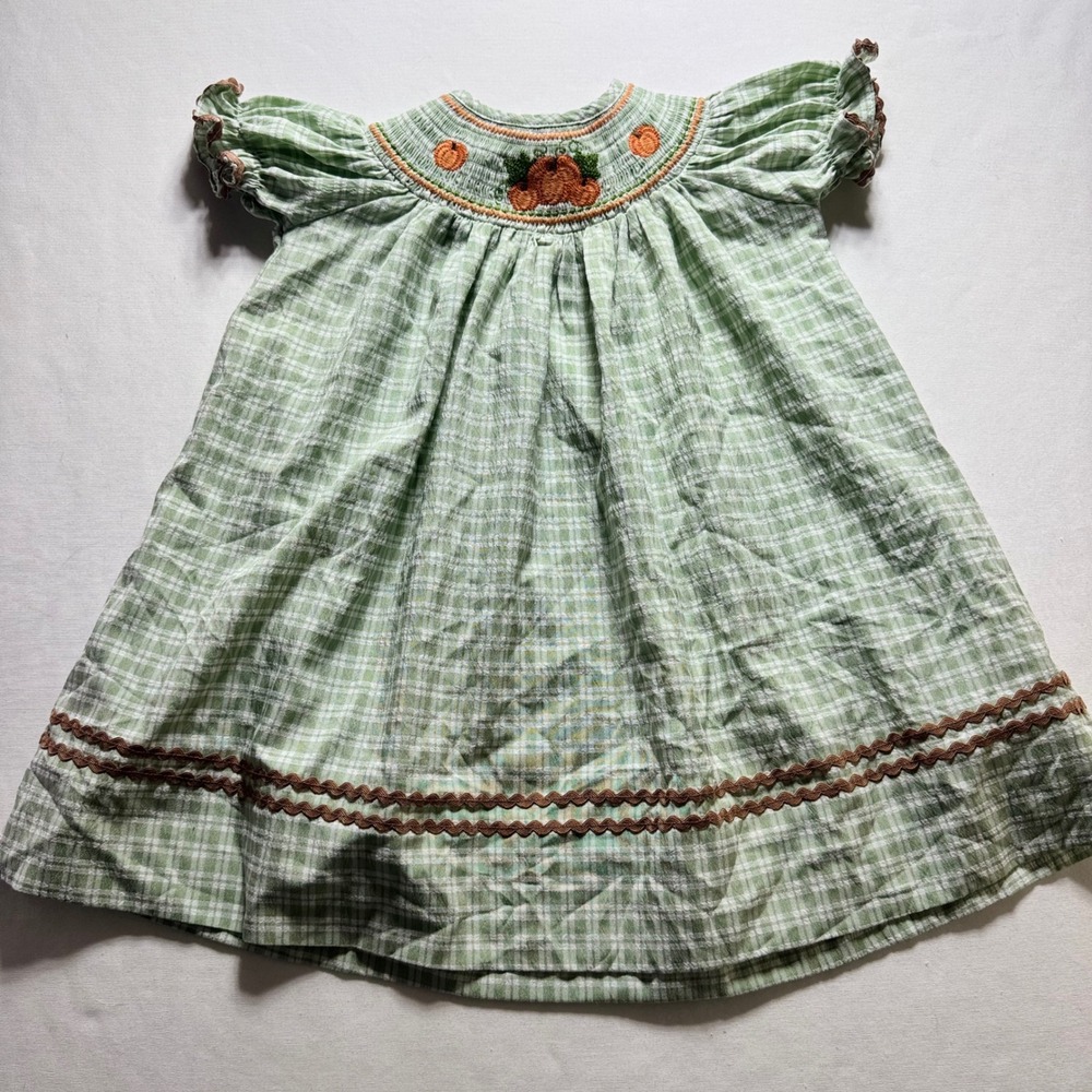 Lil Cactus Dress Girls 2T Green Gingham Cotton Smocked Pumpkin Fall Thanksgiving